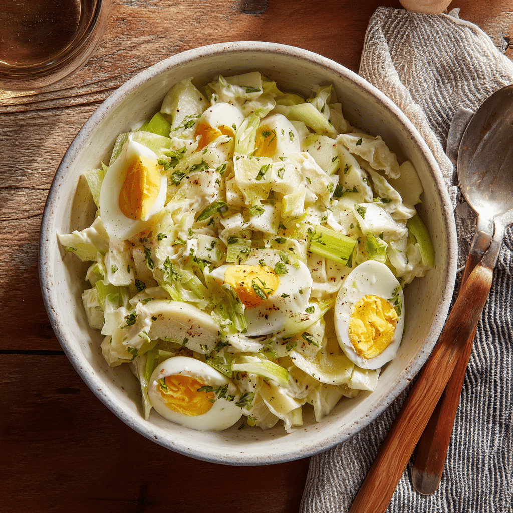 Salat mit Porree in weißer Schüssel auf Holztisch