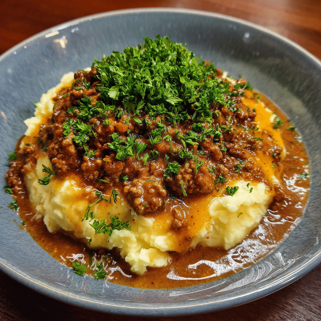 Hackfleisch mit Bratensauce auf cremigem Kartoffelpüree