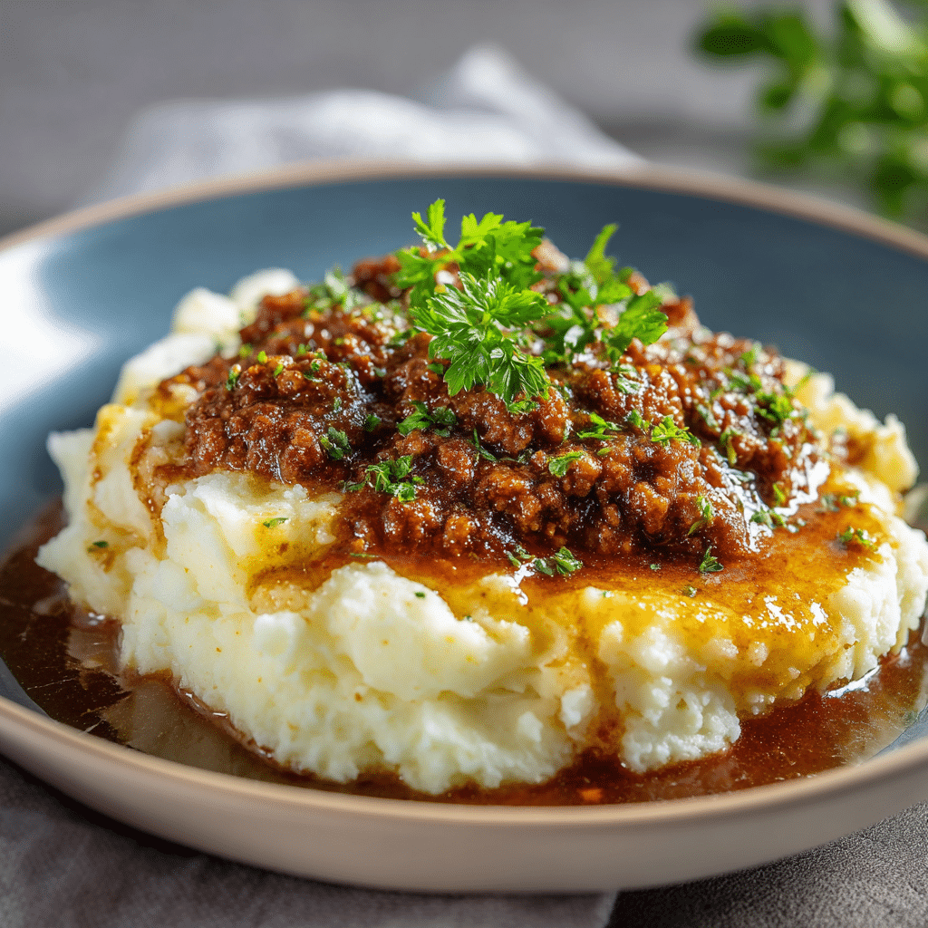 Hackfleisch mit Bratensauce auf cremigem Kartoffelpüree