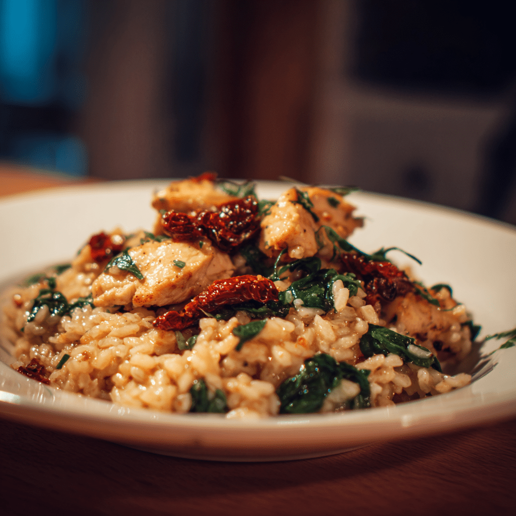 Leckeres Hähnchen-Risotto mit Spinat und getrockneten Tomaten