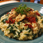 Leckeres Hähnchen-Risotto mit Spinat und getrockneten Tomaten