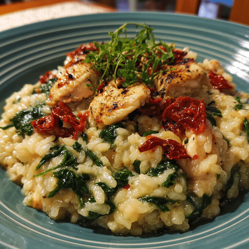 Leckeres Hähnchen-Risotto mit Spinat und getrockneten Tomaten