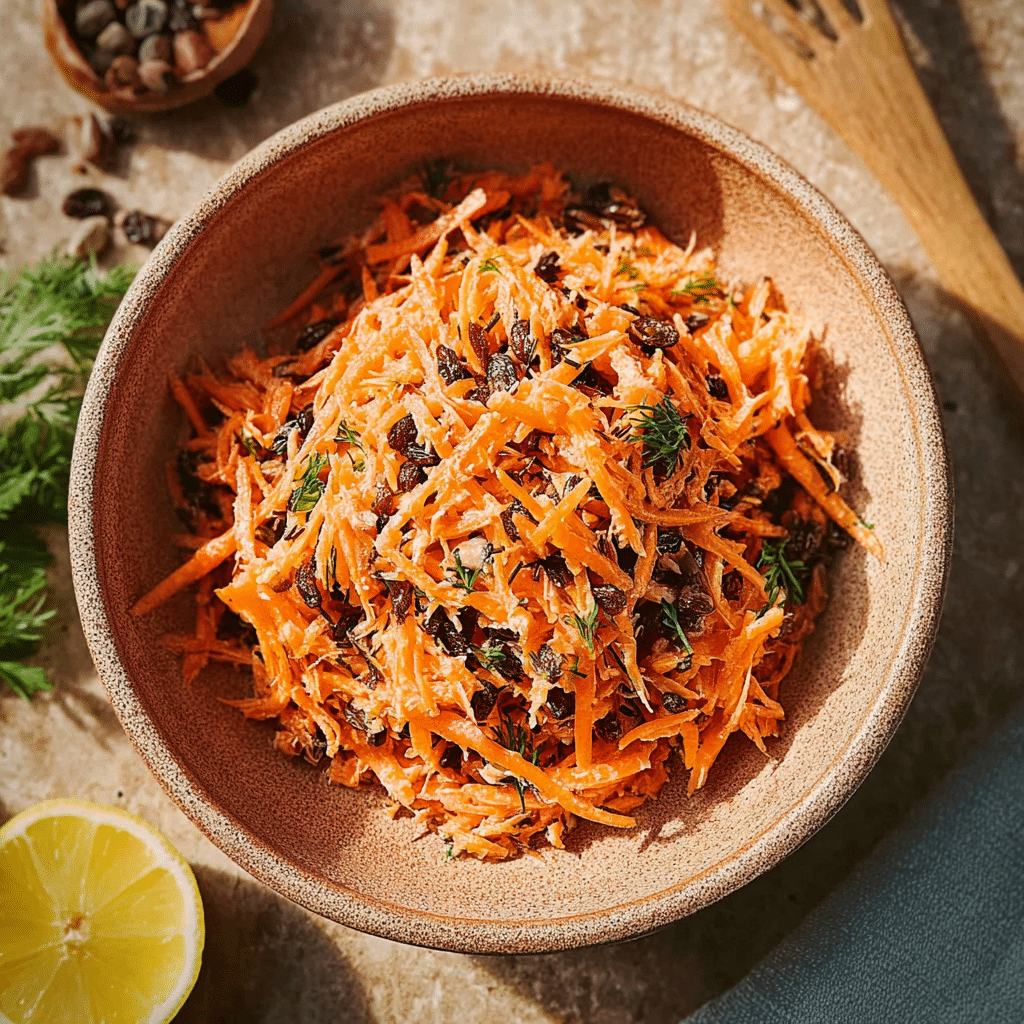 Karottensalat Rezept frisch serviert in rustikaler Schüssel mit Kräutern