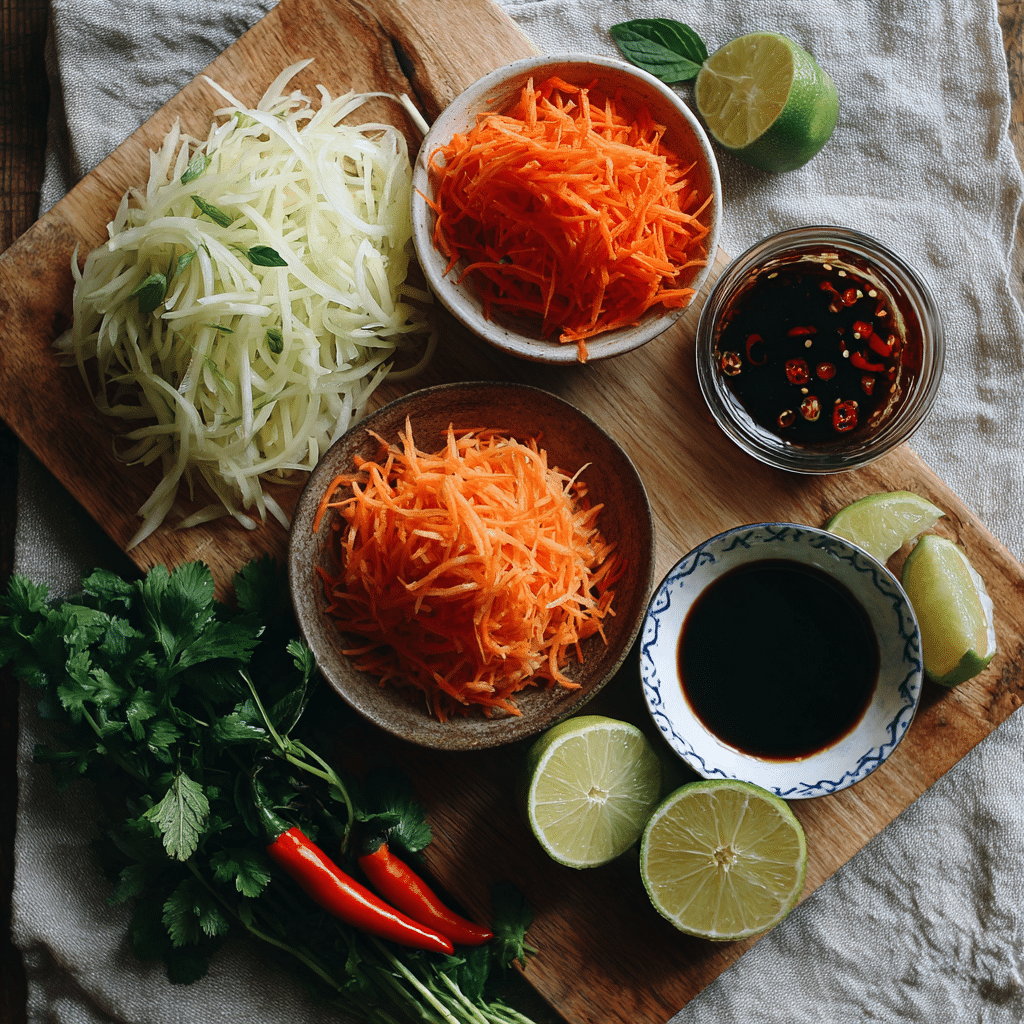 Zutaten für Salat mit Papaya auf Küchentuch