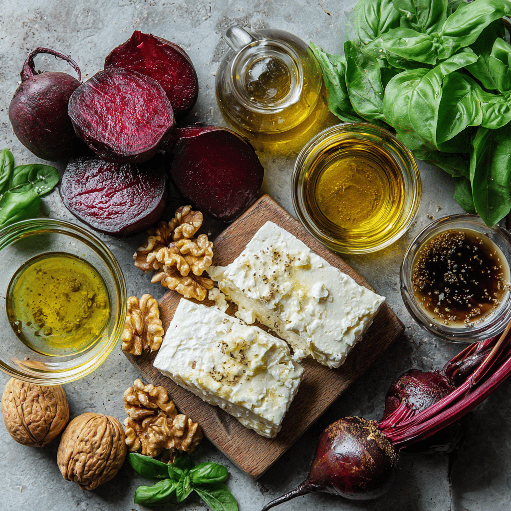 Zutaten für Rote Beete Salat auf einer Küchenplatte