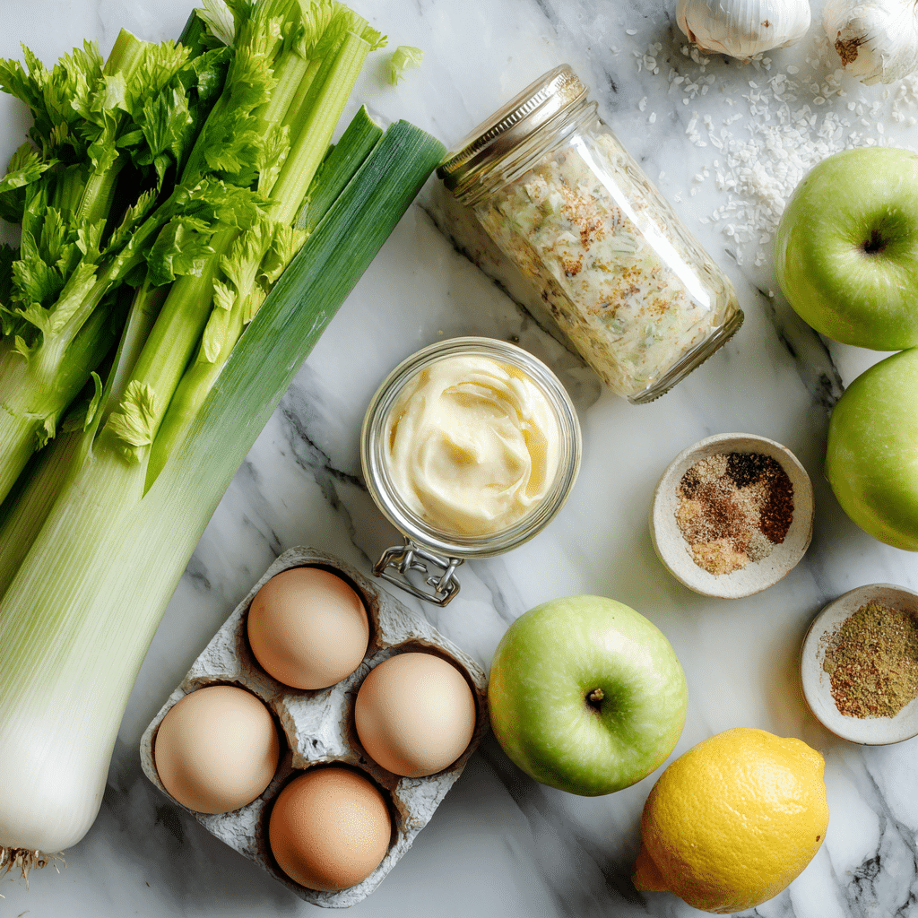 Zutaten für Salat mit Porree nebeneinander