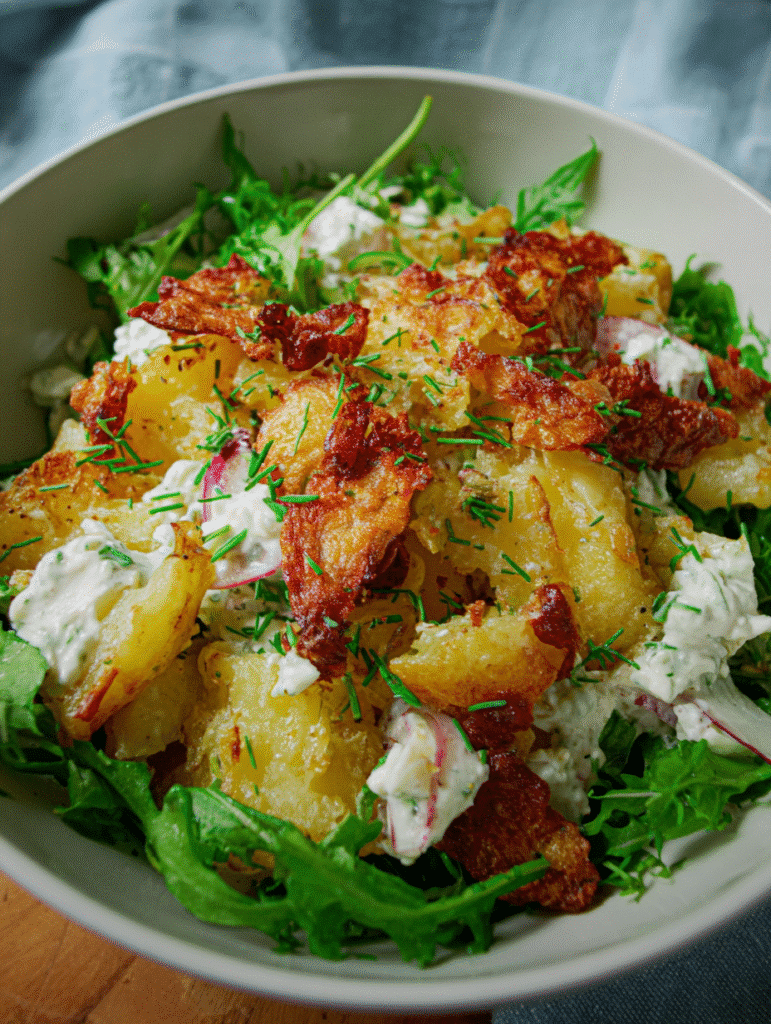 Knuspriger Kartoffelsalat mit Kräutern, Rucola und cremigem Dressing