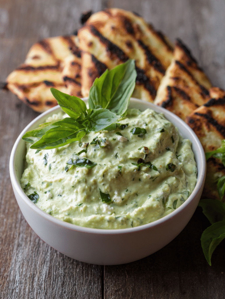 Feta Dip Rezept zum Grillen mit Avocado und Basilikum
