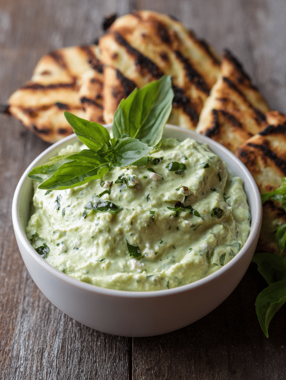 Feta Dip Rezept zum Grillen mit Avocado und Basilikum