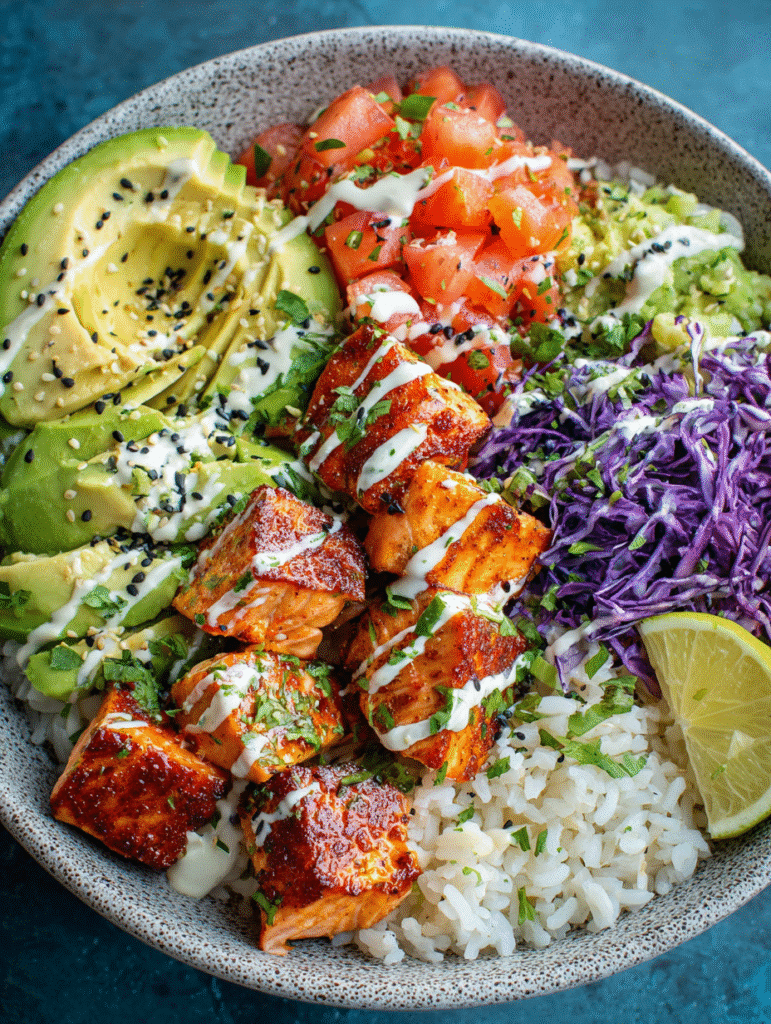 Gesunde Lachs Bowl mit Reis