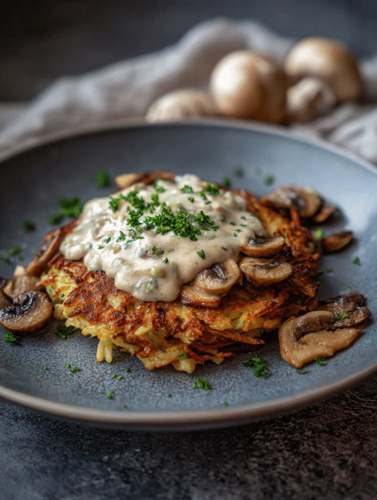 Mozzarella Rösti mit Zwiebel-Pilzrahmsoße