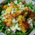 Knuspriger Kartoffelsalat mit Rucola, roten Zwiebeln und Joghurt-Kräuter-Dressing