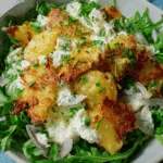 Knuspriger Kartoffelsalat mit Rucola, roten Zwiebeln und Joghurt-Kräuter-Dressing
