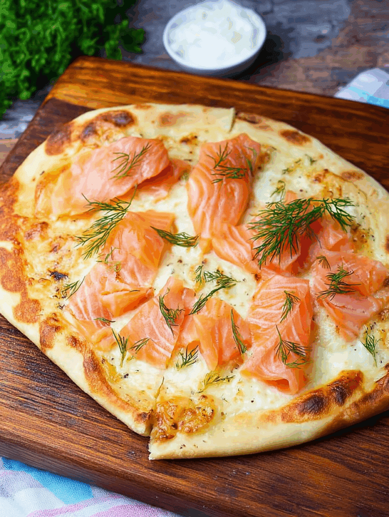 Flammkuchen mit Lachs so richtig knusprig