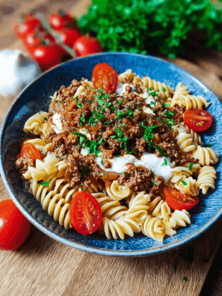 Türkische Pasta mit Hackfleisch und Joghurt
