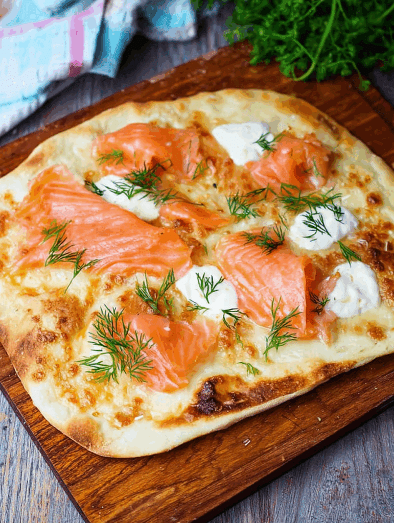 Flammkuchen mit Lachs so richtig knusprig