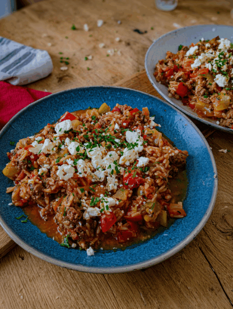 Kritharaki-Hackfleisch-Pfanne mit Gemüse und Feta