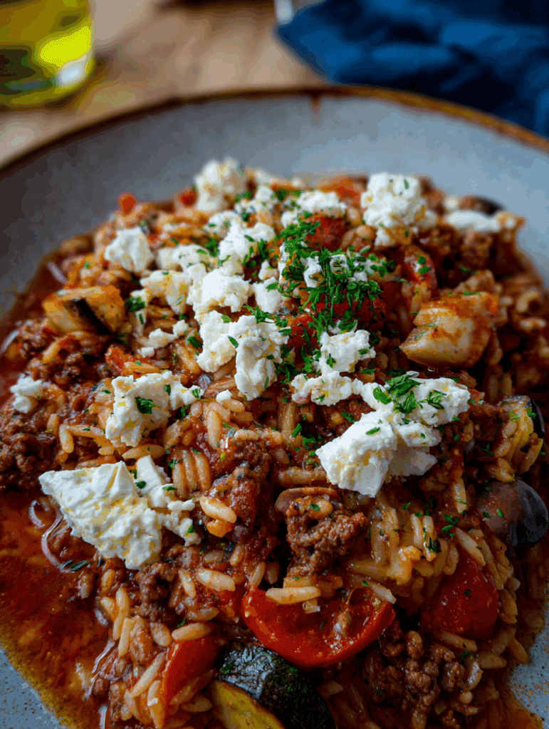 Kritharaki-Hackfleisch-Pfanne mit Gemüse und Feta