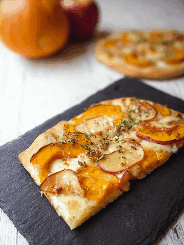 Kürbis-Pizza mit Äpfeln und Ahornsirup