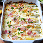 Spargelauflauf mit Kartoffeln und Schinken