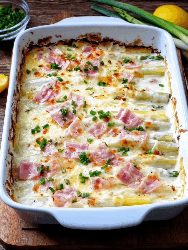 Spargelauflauf mit Kartoffeln und Schinken