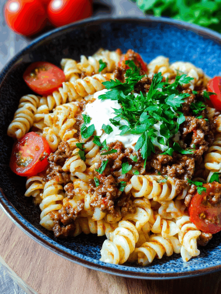 Türkische Pasta mit Hackfleisch und Joghurt