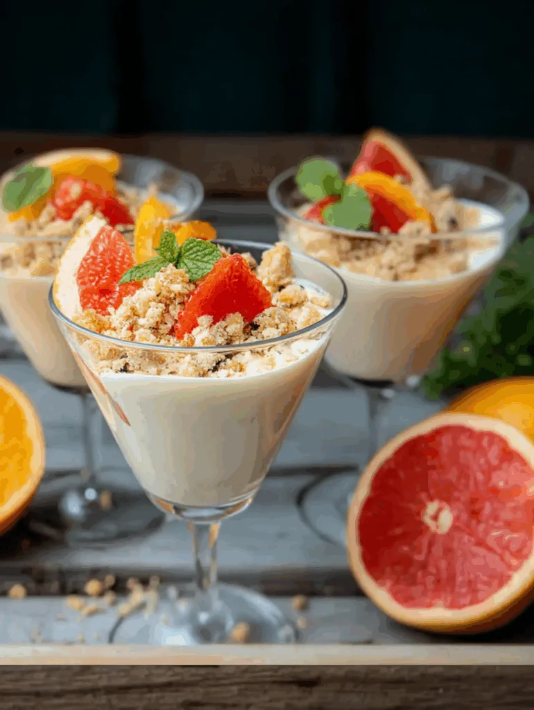 Weiße Schokoladen-Mousse mit Pfeffer-Streuseln und Grapefruits