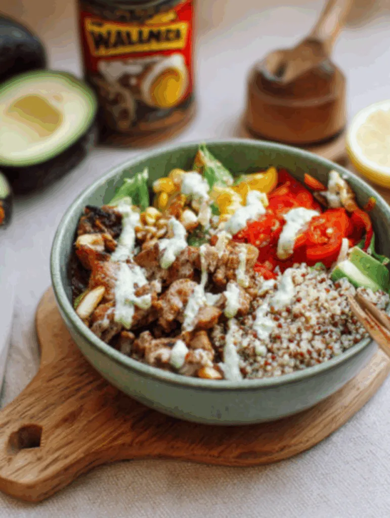 Proteinreiche Kebab-Bowl mit Quinoa & Joghurt-Dressing