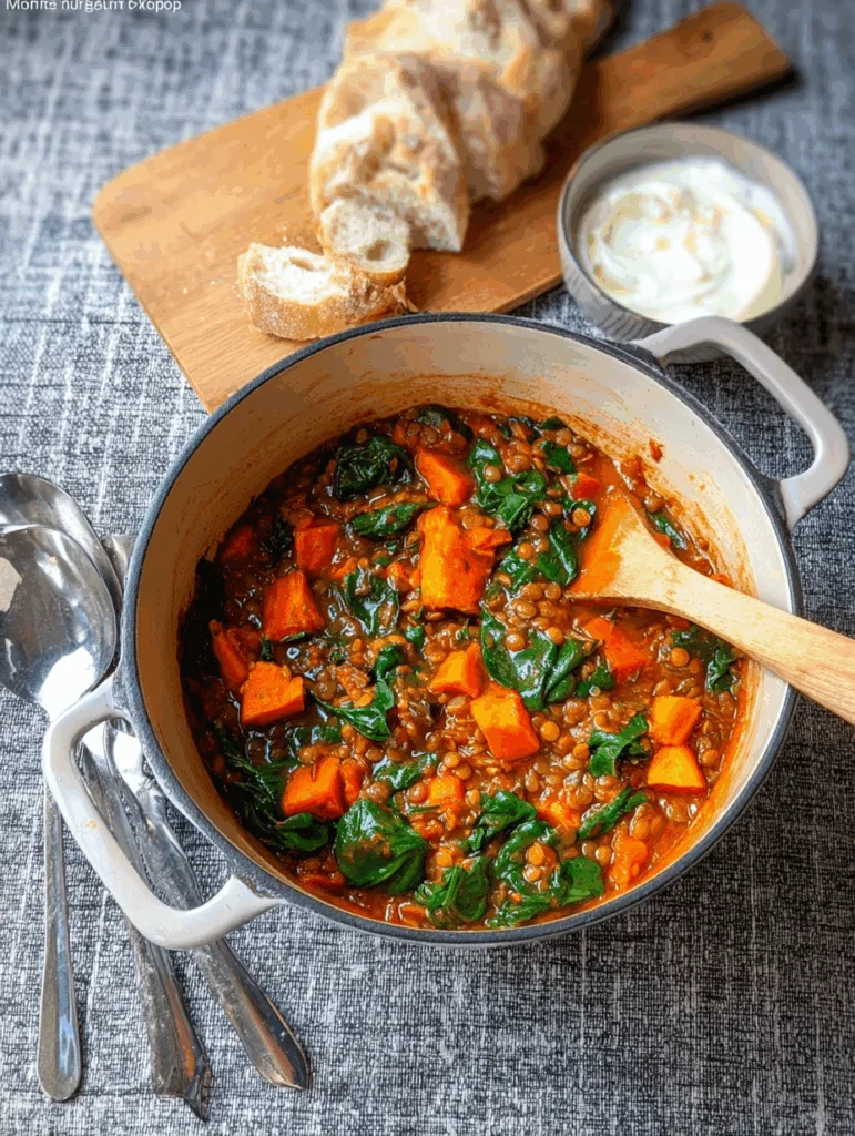 Linseneintopf mit Süßkartoffeln und Spinat