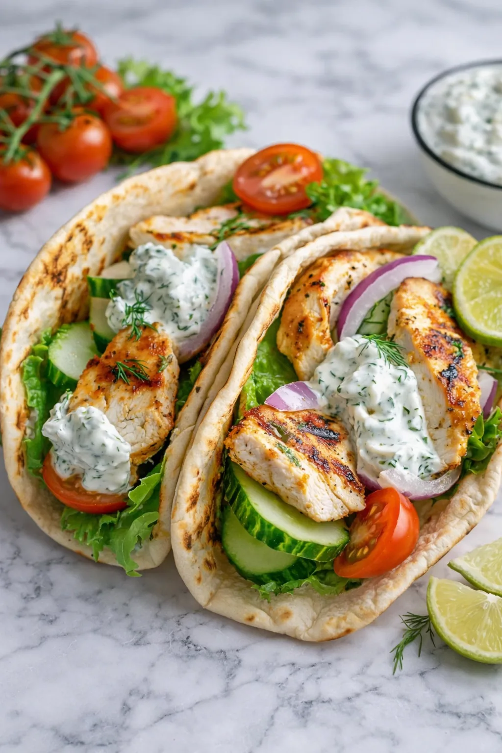 Griechische Hähnchen-Pitas mit Tzatziki & Feta