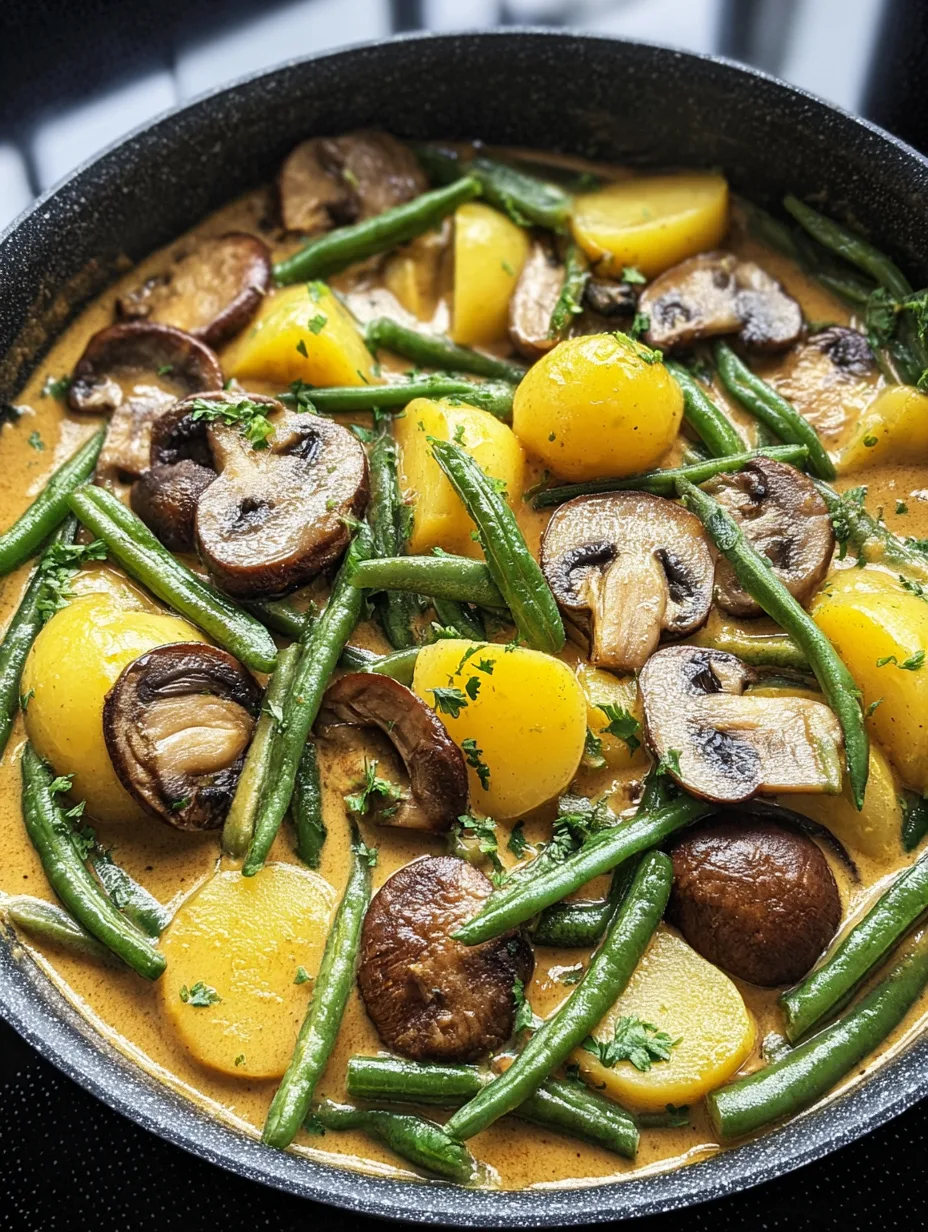 Kartoffel-Pilz-Pfanne mit grünen Bohnen