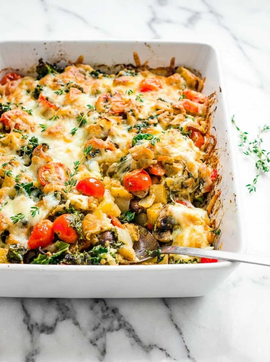 Vegetarischer Kartoffelauflauf mit Zucchini, Karotten und Zwiebeln