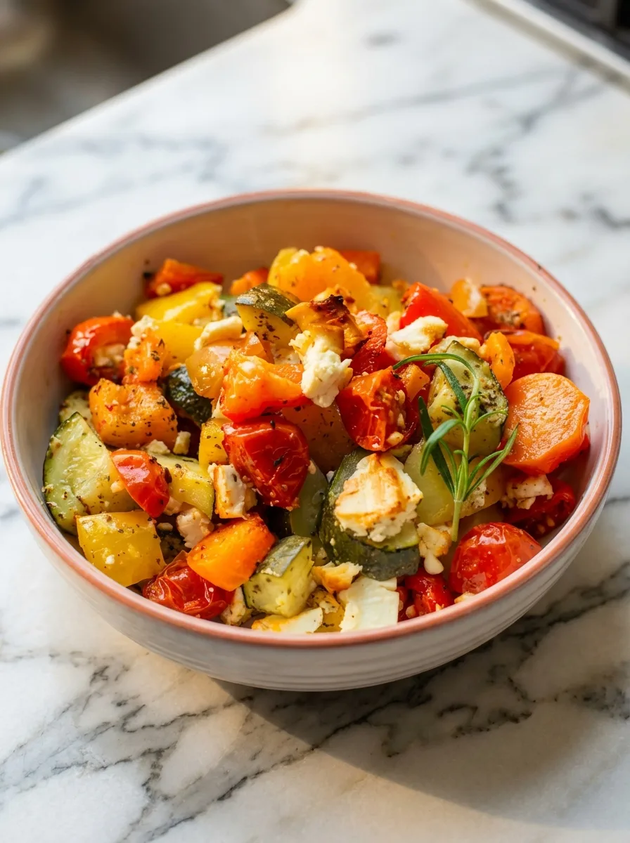 Vegetarische Feta-Kartoffeln mit Ofengemüse