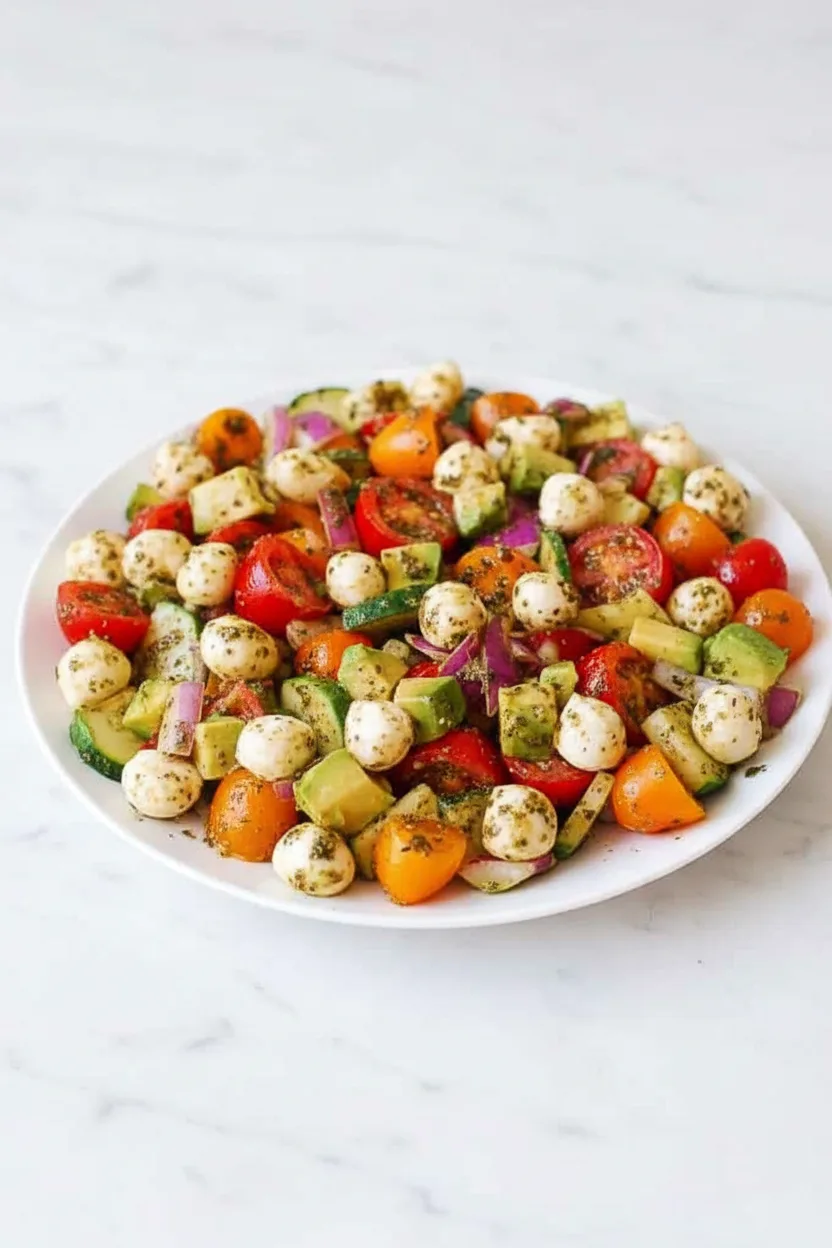 Tomaten-Gurken-Avocado-Salat mit Mozzarella und Basilikumpesto