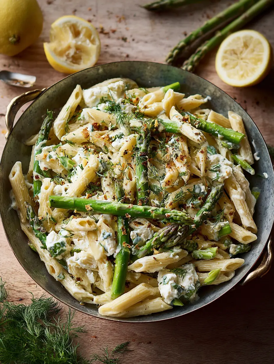 Cremige Feta-Zitronen Penne mit Spargel