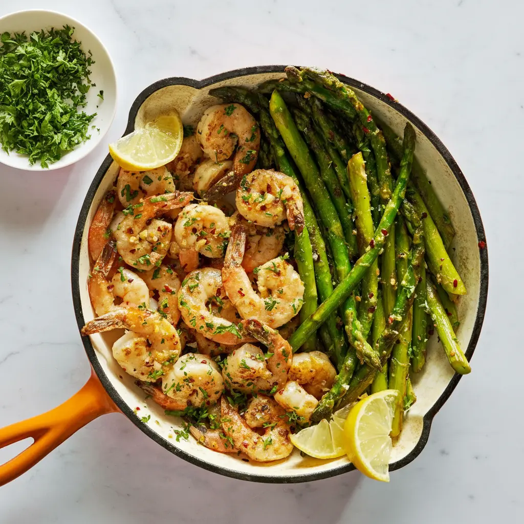 Knoblauch-Butter Garnelen & Spargel