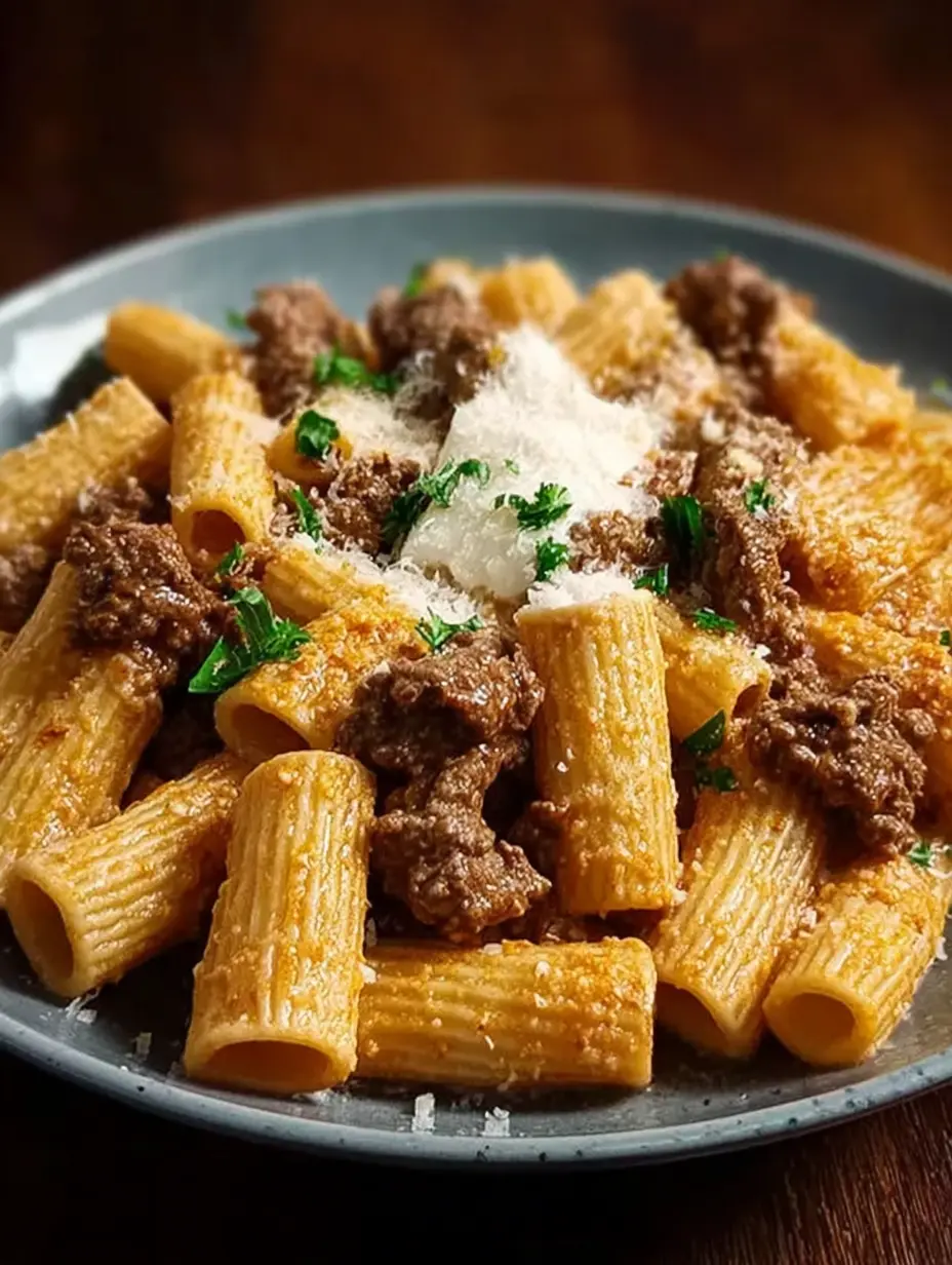 Cremiges Parmesan Rindfleisch mit Rigatoni Pasta
