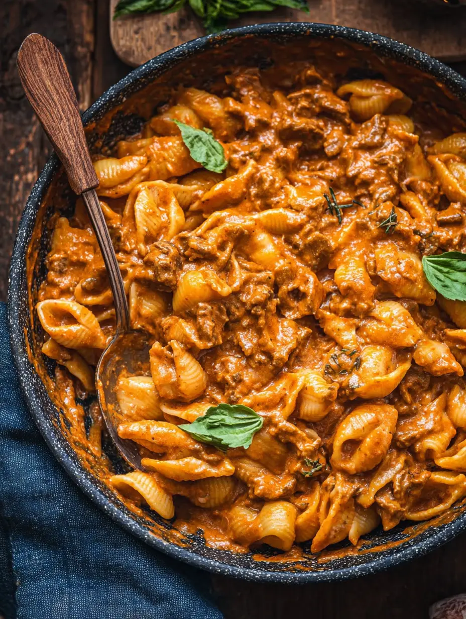 Cremiges Rindfleisch mit Muschelnudeln (Einfaches One-Pot-Gericht)