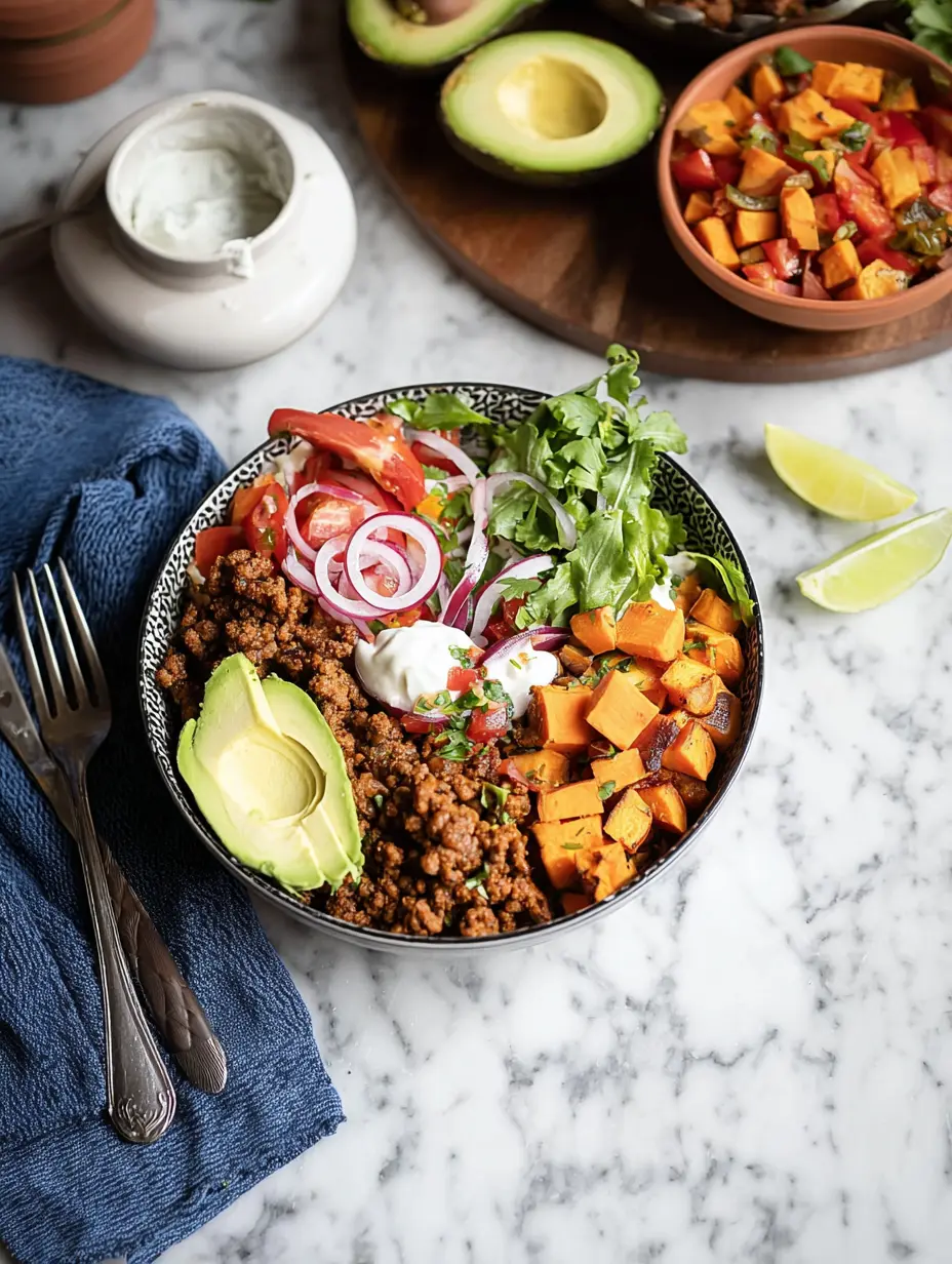 Proteinreiche Rindfleisch Taco Bowls mit Süßkartoffel (Meal Prep)