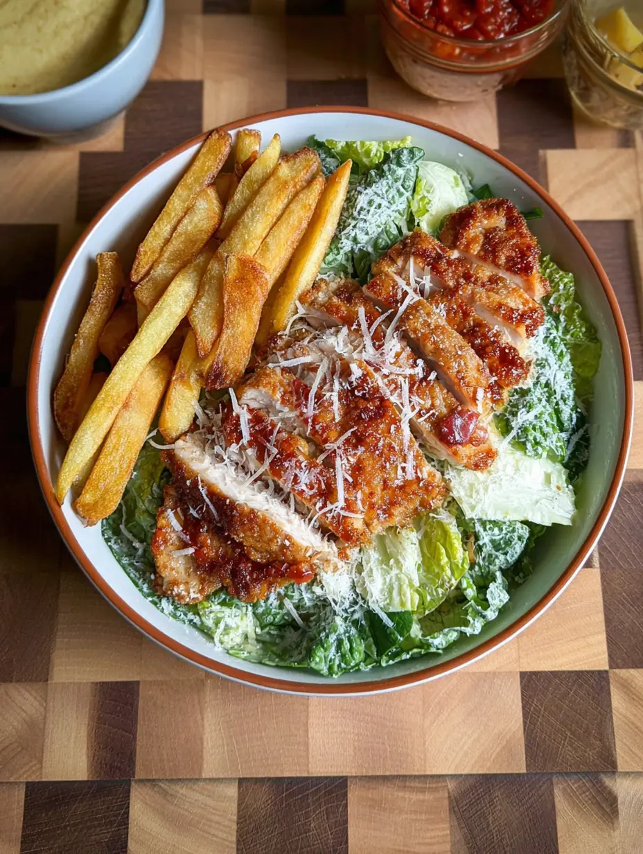 Hähnchen-Caesar-Salat mit Pommes (proteinreich)